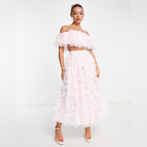 ASOS EDITION off shoulder crop TOP ONLY  in textured mesh in sugar pink - Picture 1 of 12